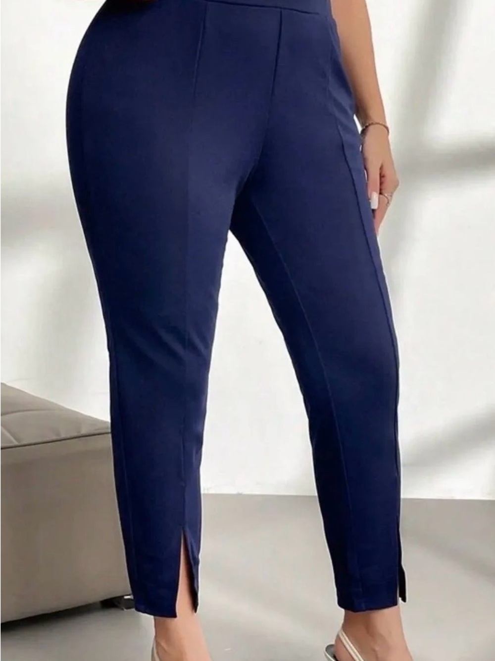 SHEIN Navy Slim Pull-On Ankle Pants with Front Slits